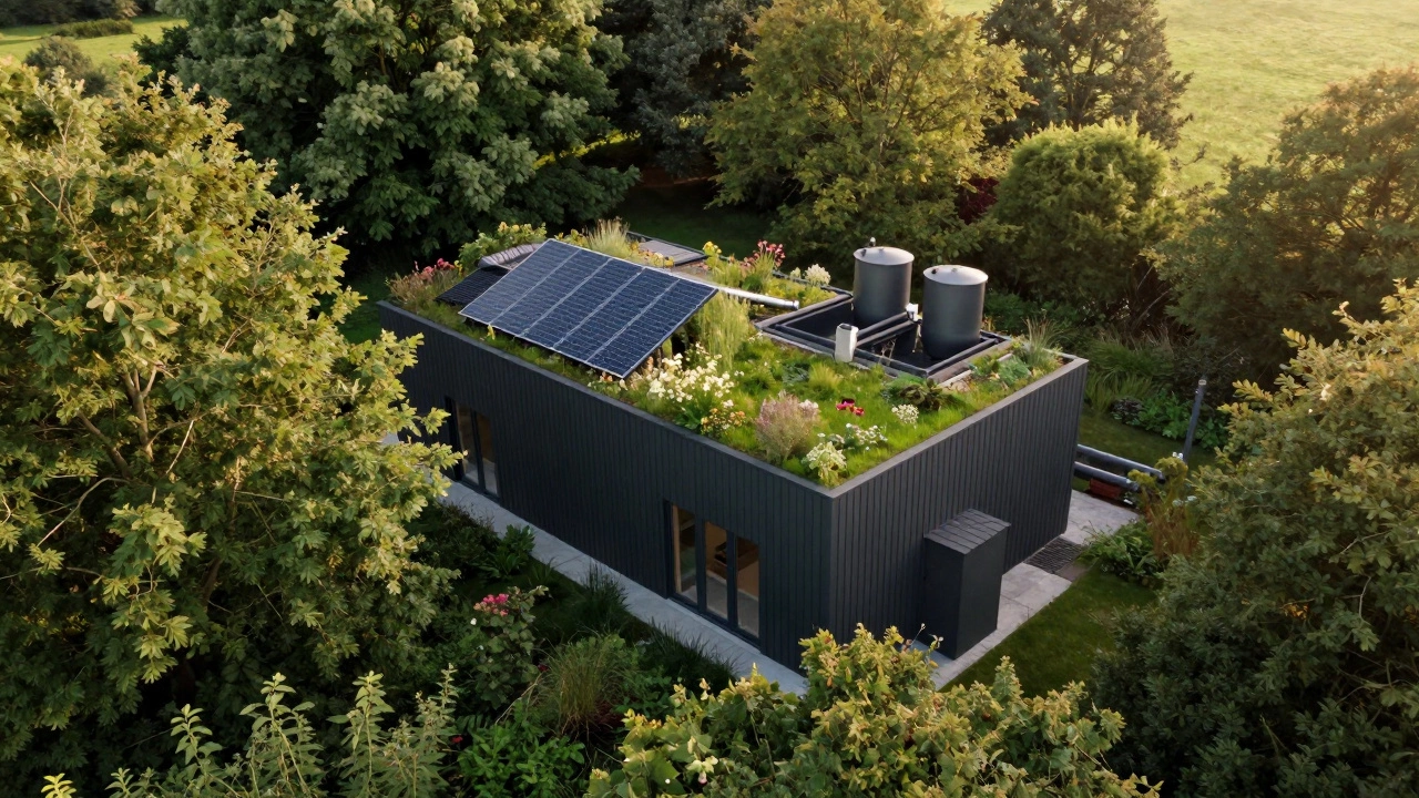 Eco-friendly home with a green roof and solar panels integrated into a natural landscape.