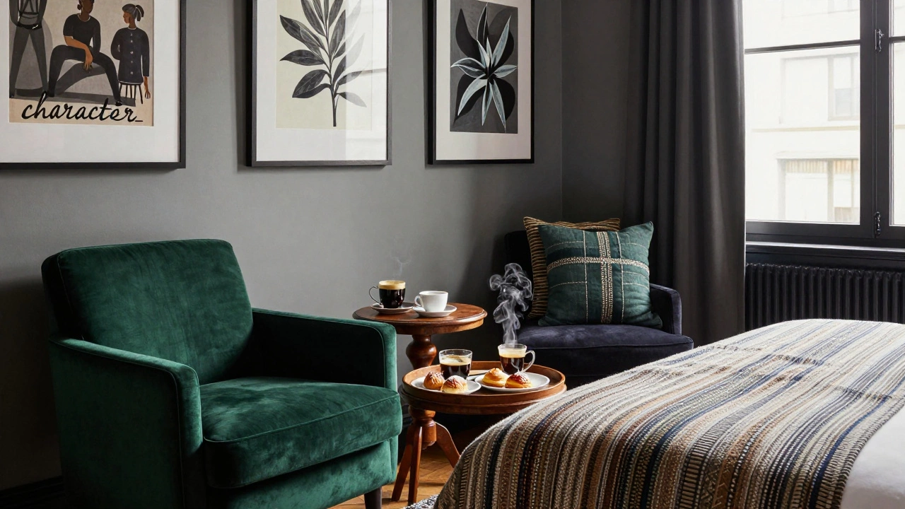 Luxury boutique hotel room with velvet furniture, local art, and artisanal breakfast