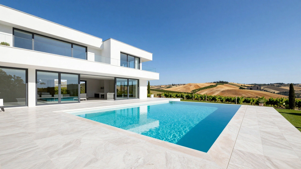Luxury white modern villa with an infinity pool overlooking the Tuscan hills.