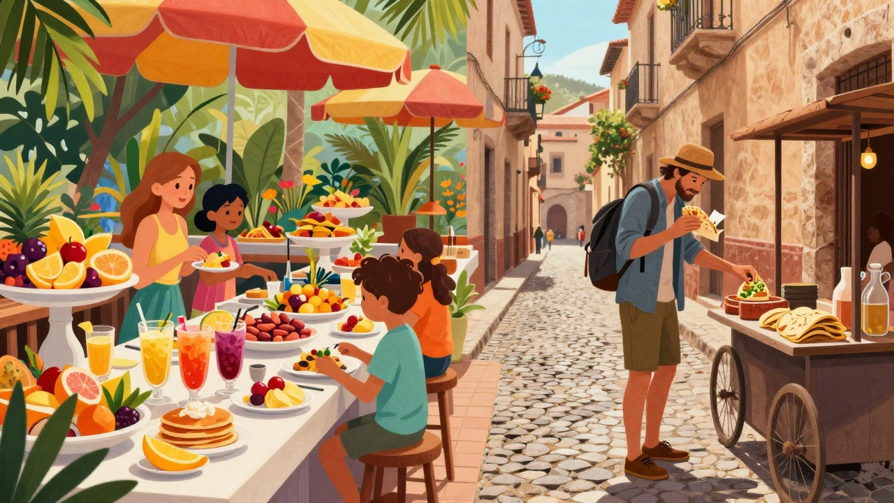 Split image showing a family at a resort buffet versus a traveler eating street food in a city.