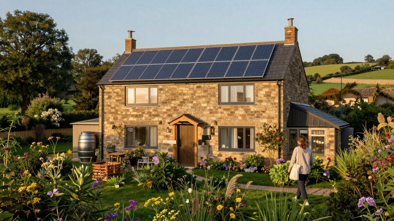 An eco-friendly cottage with solar panels in a lush green landscape.