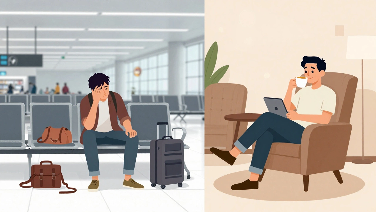 Comparison of stressed traveler in terminal vs relaxed guest in hotel