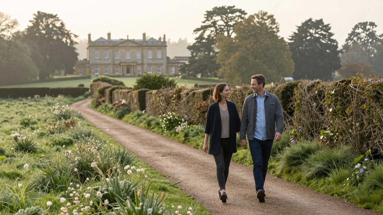 Couple walking through dewy grounds near a country estate hotel