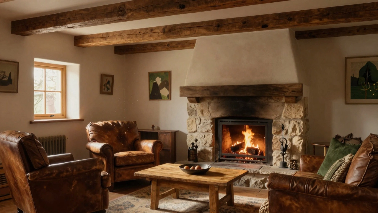 Cozy cottage interior with fireplace and exposed wooden beams