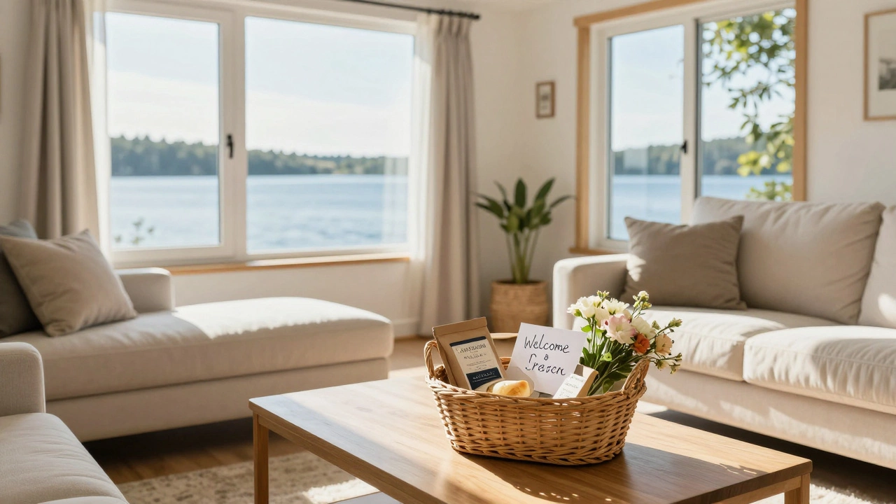 Cozy cottage interior with welcome basket and lake view