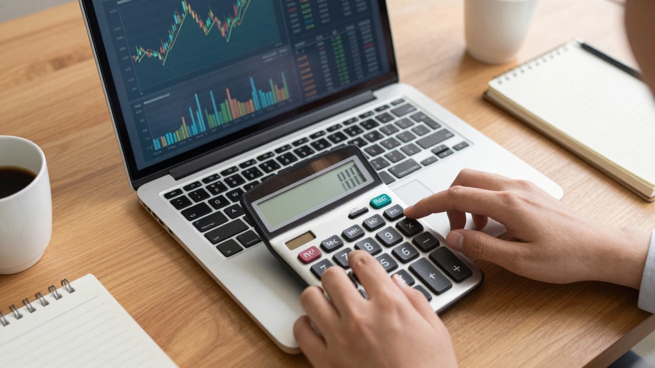 Desk with laptop and calculator showing rental profit planning
