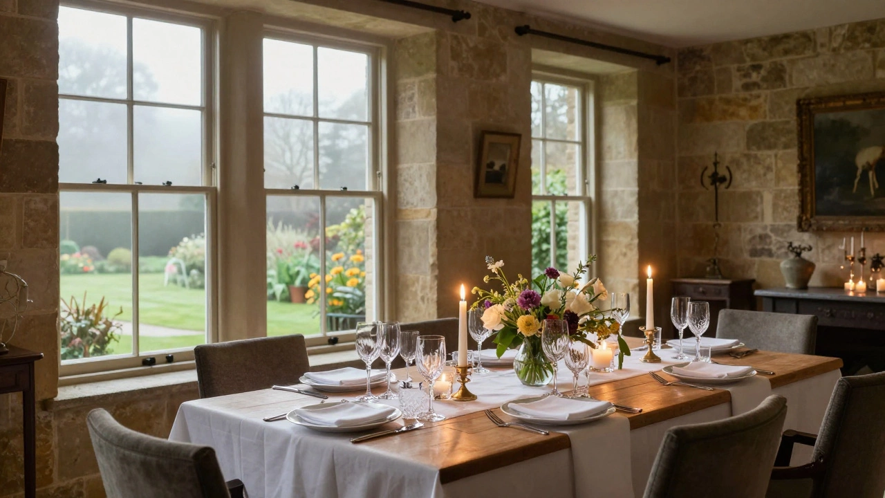 Elegant dining room with garden view and candlelit table setting