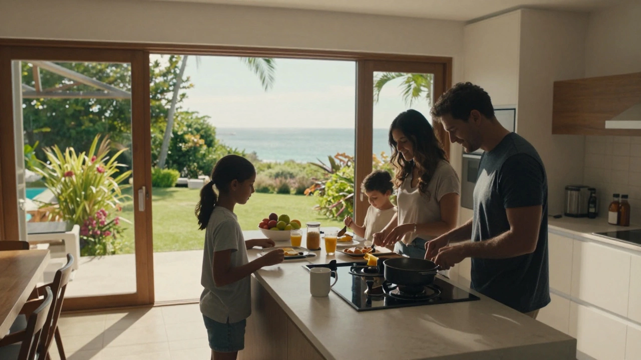 Family cooking breakfast in vacation rental kitchen