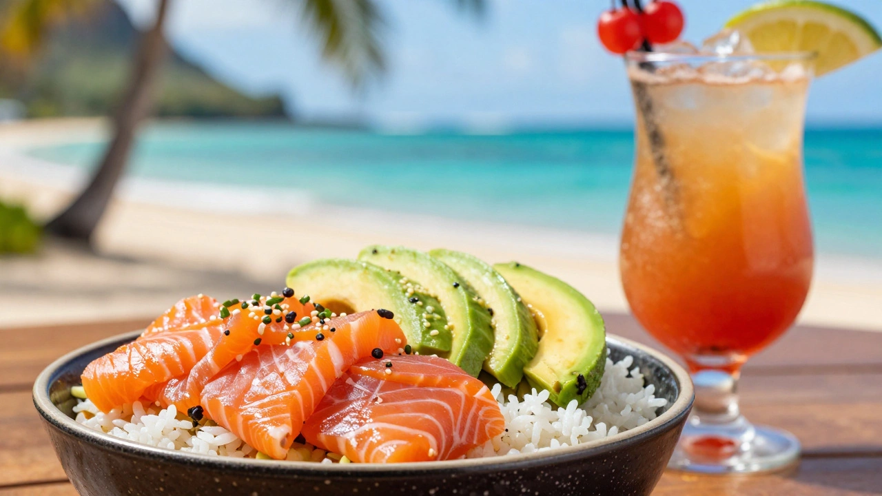 Fresh poke bowl and cocktail on table with ocean view