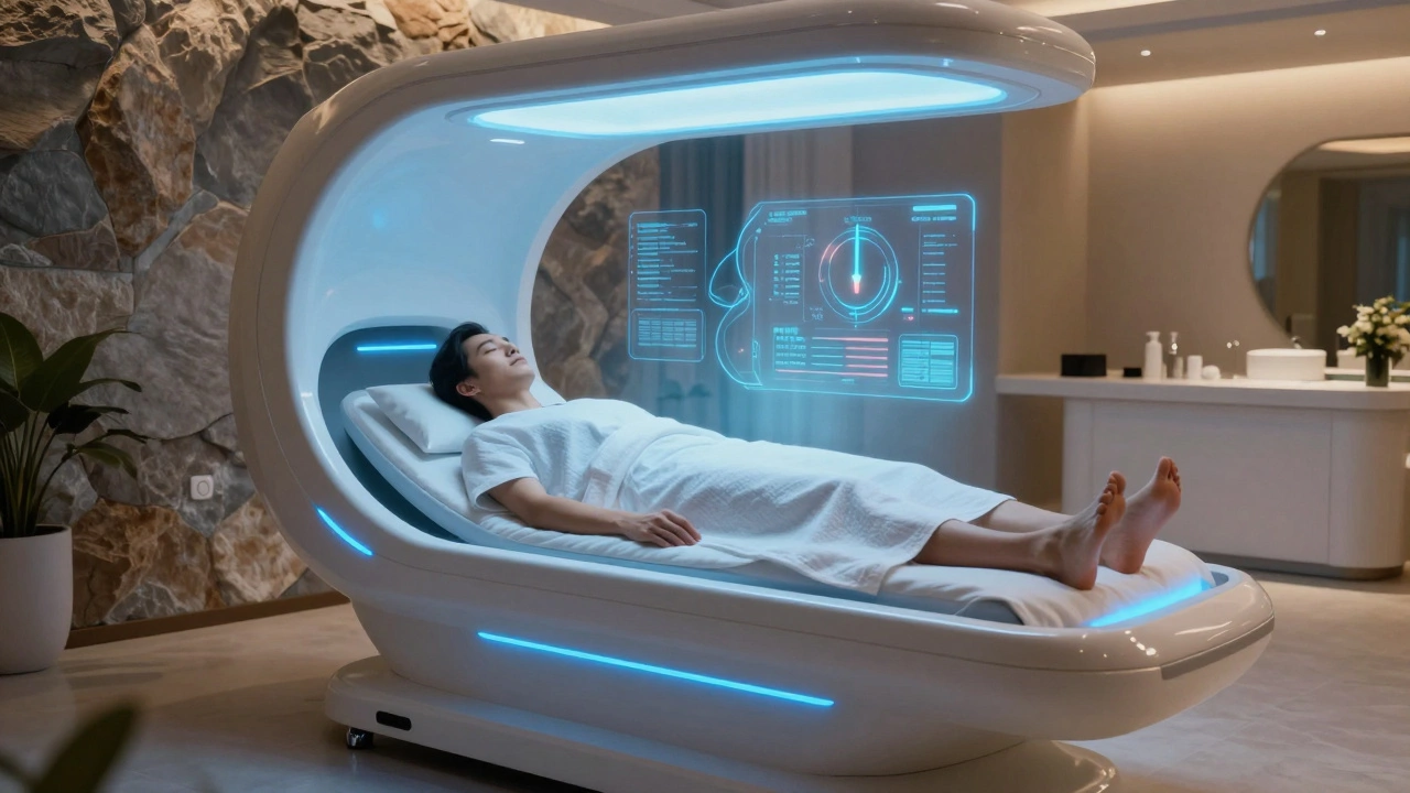 Futuristic tech-integrated wellness pod in a modern hotel spa
