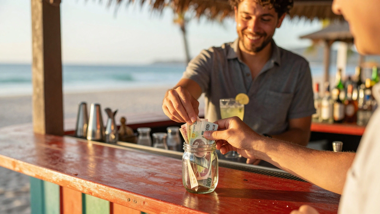 Guest putting cash in tip jar at tropical beach bar counter