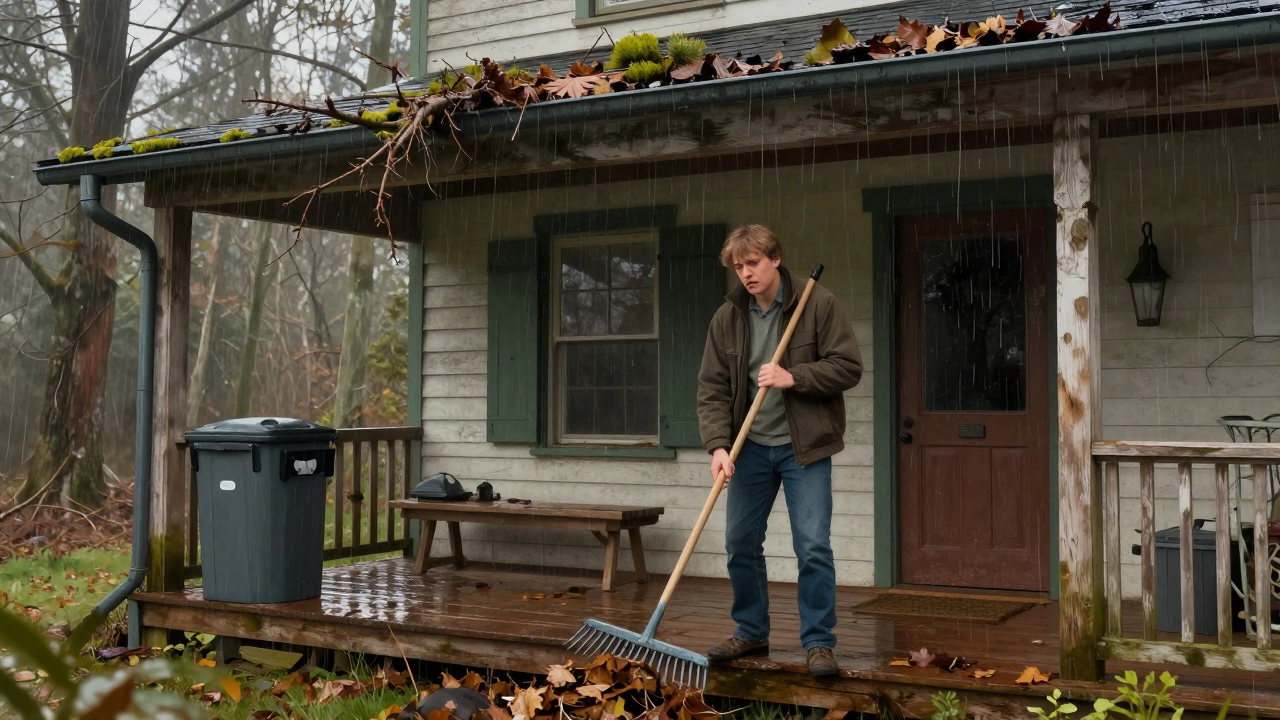 Homeowner raking leaves near worn cottage with mossy roof