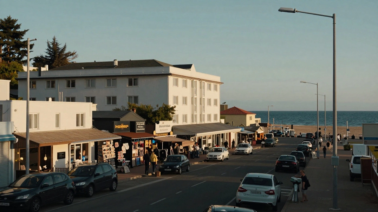 Hotel view showing street and shops separating building from sea