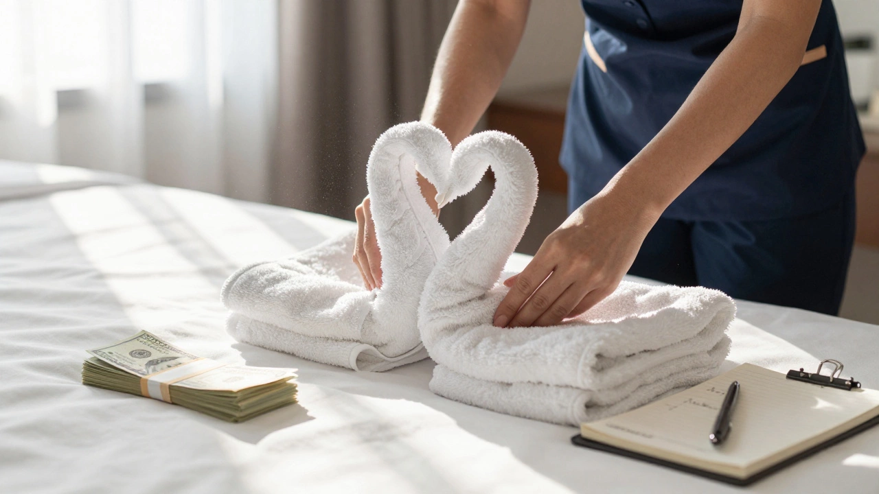 Housekeeper folding towel swans with cash tip on bedside table