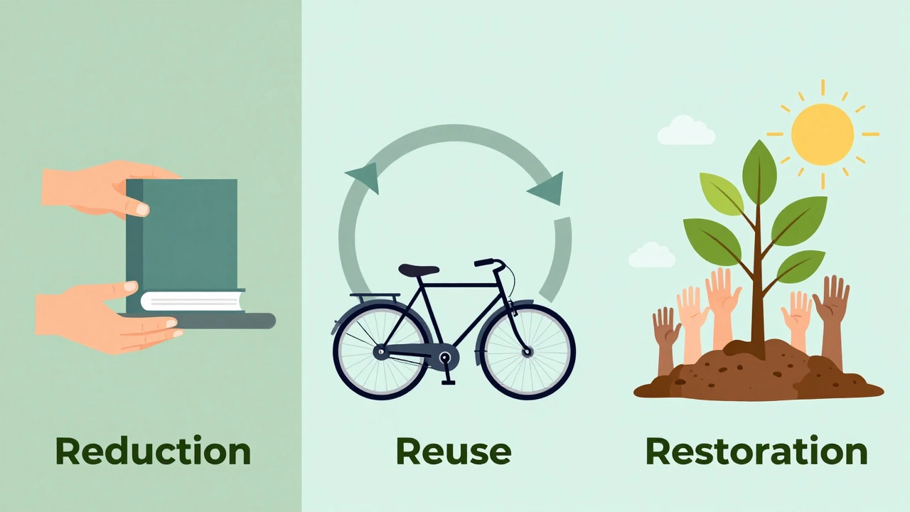 Illustration showing reduction, reuse, and restoration as key eco habits.
