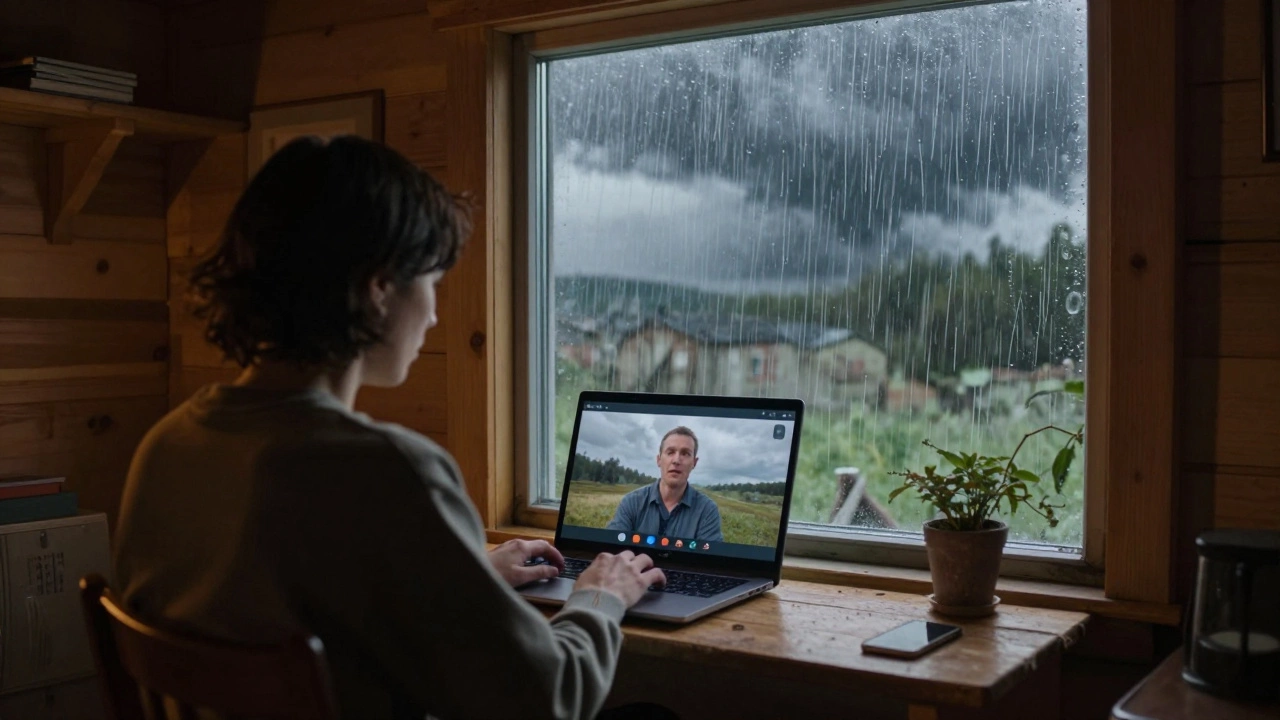 Person struggling with frozen laptop screen during storm