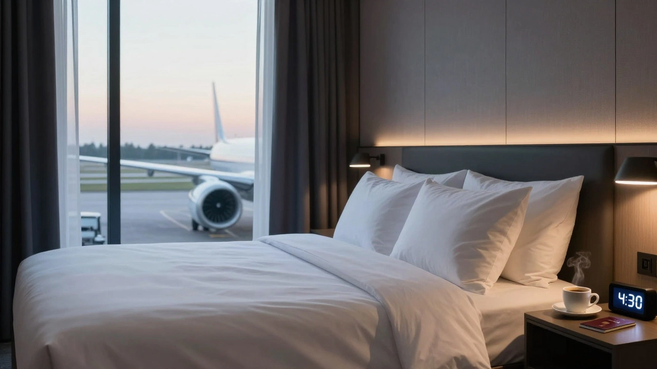 Quiet airport hotel room with blackout curtains and early morning clock