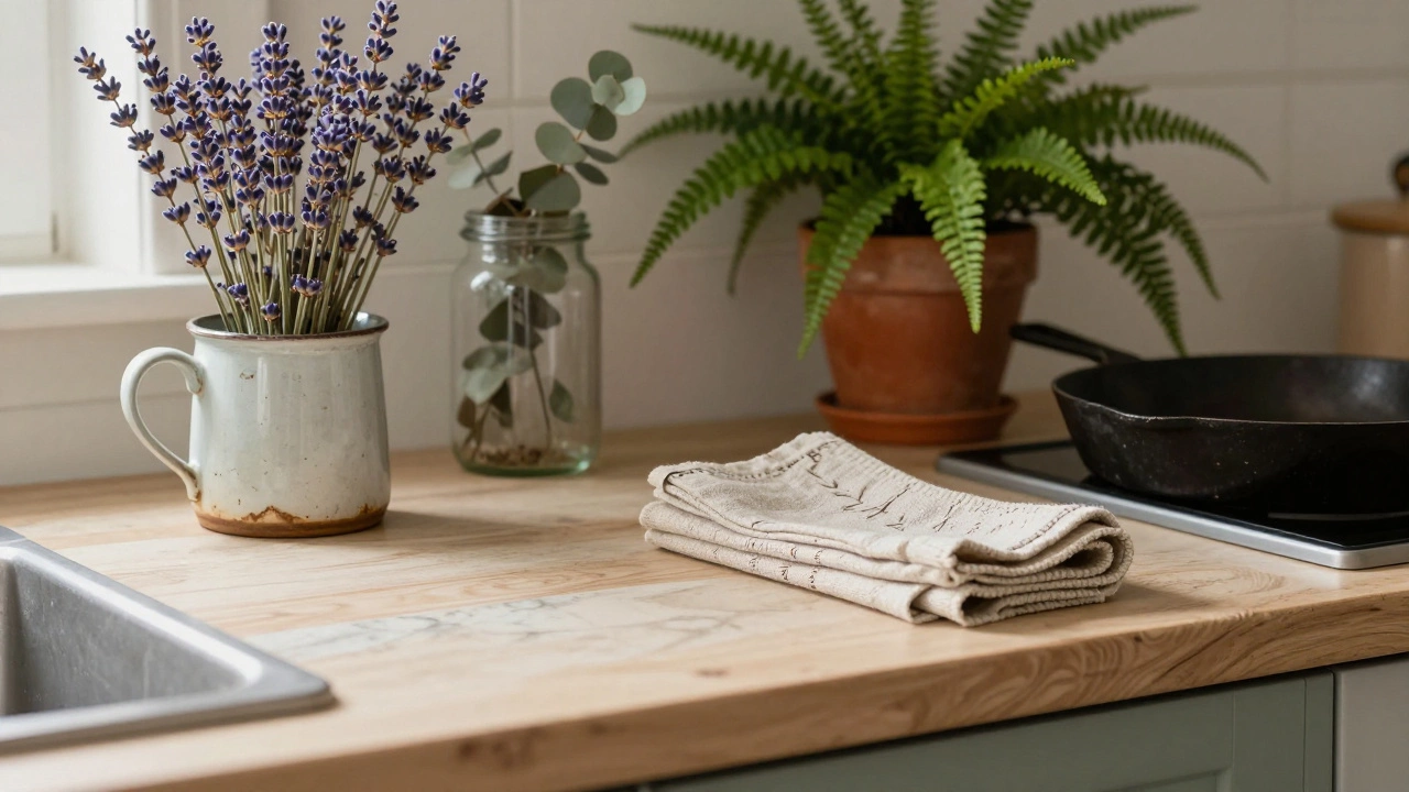 Rustic kitchen counter with herbs, flowers, and vintage ceramics