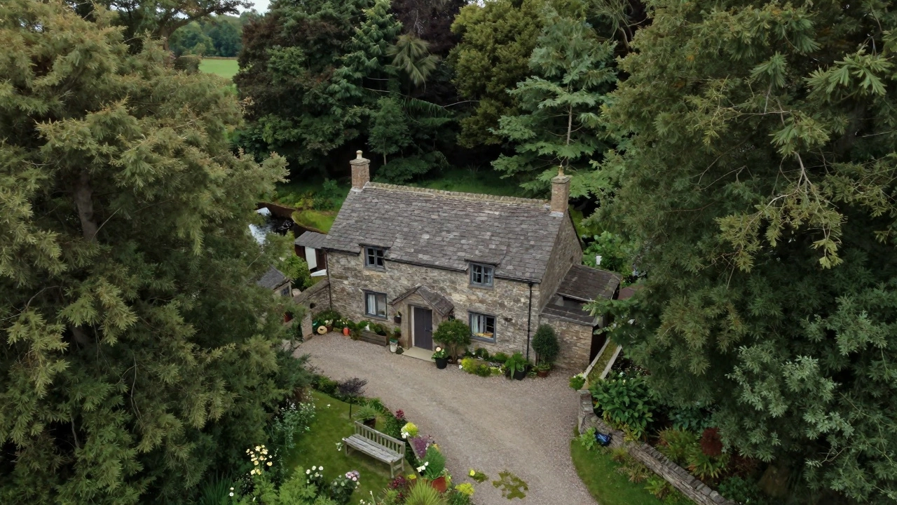 Secluded traditional stone cottage hidden in dense UK woodland