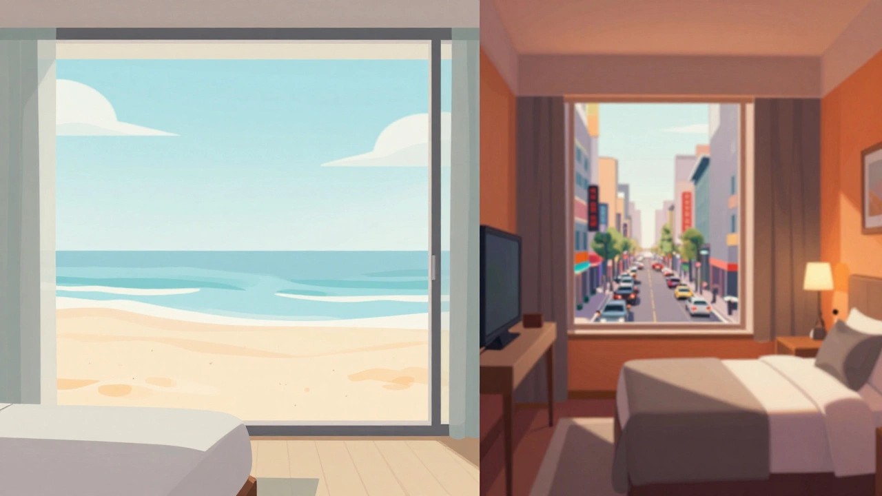 Split image comparing quiet beachfront view with busy seaside street