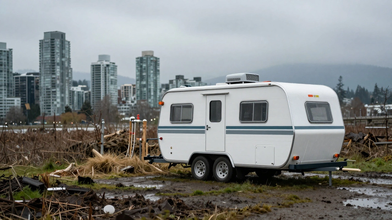 Tiny house on wheels parked on uncertain land near city