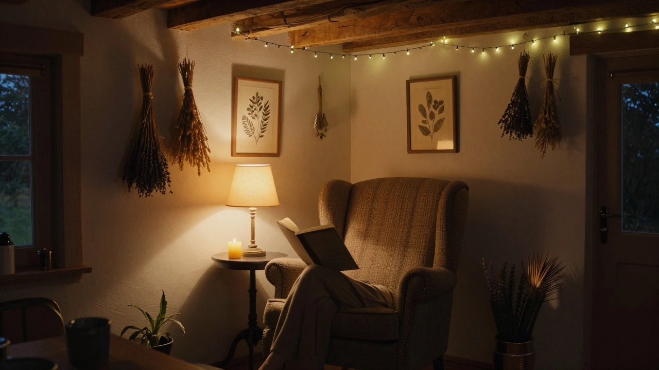 Warmly lit cottage reading nook with candles and dried plants