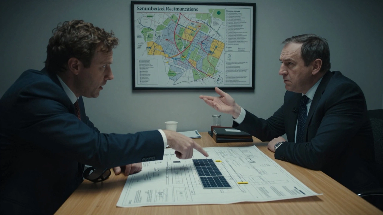 Architect arguing with council official over blueprints and zoning restrictions