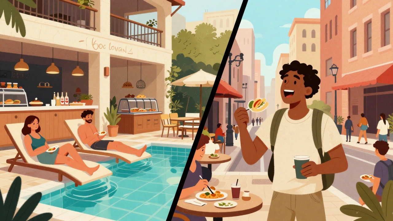Contrast between resort lounging and active city exploration
