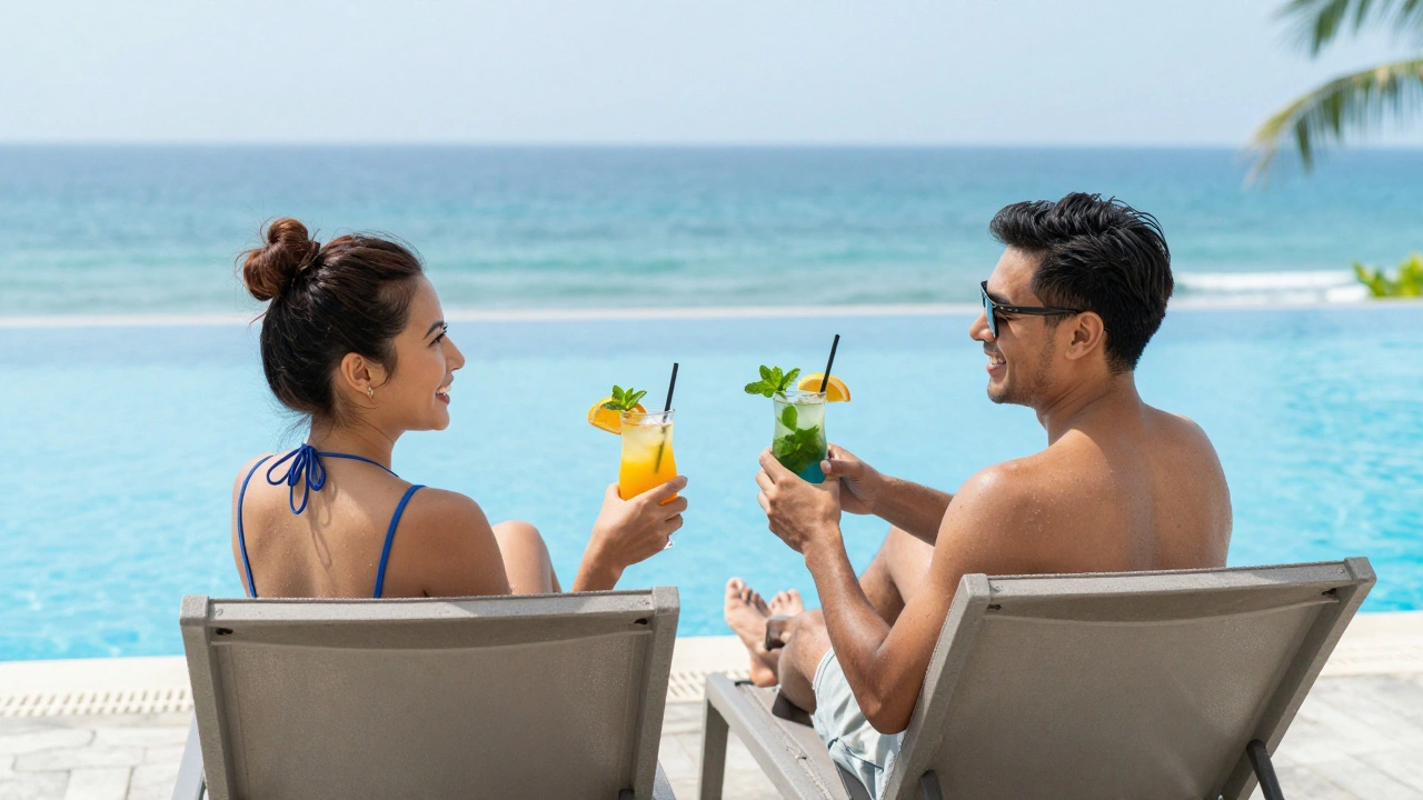Couple enjoying refreshing mocktails by an infinity pool at a resort