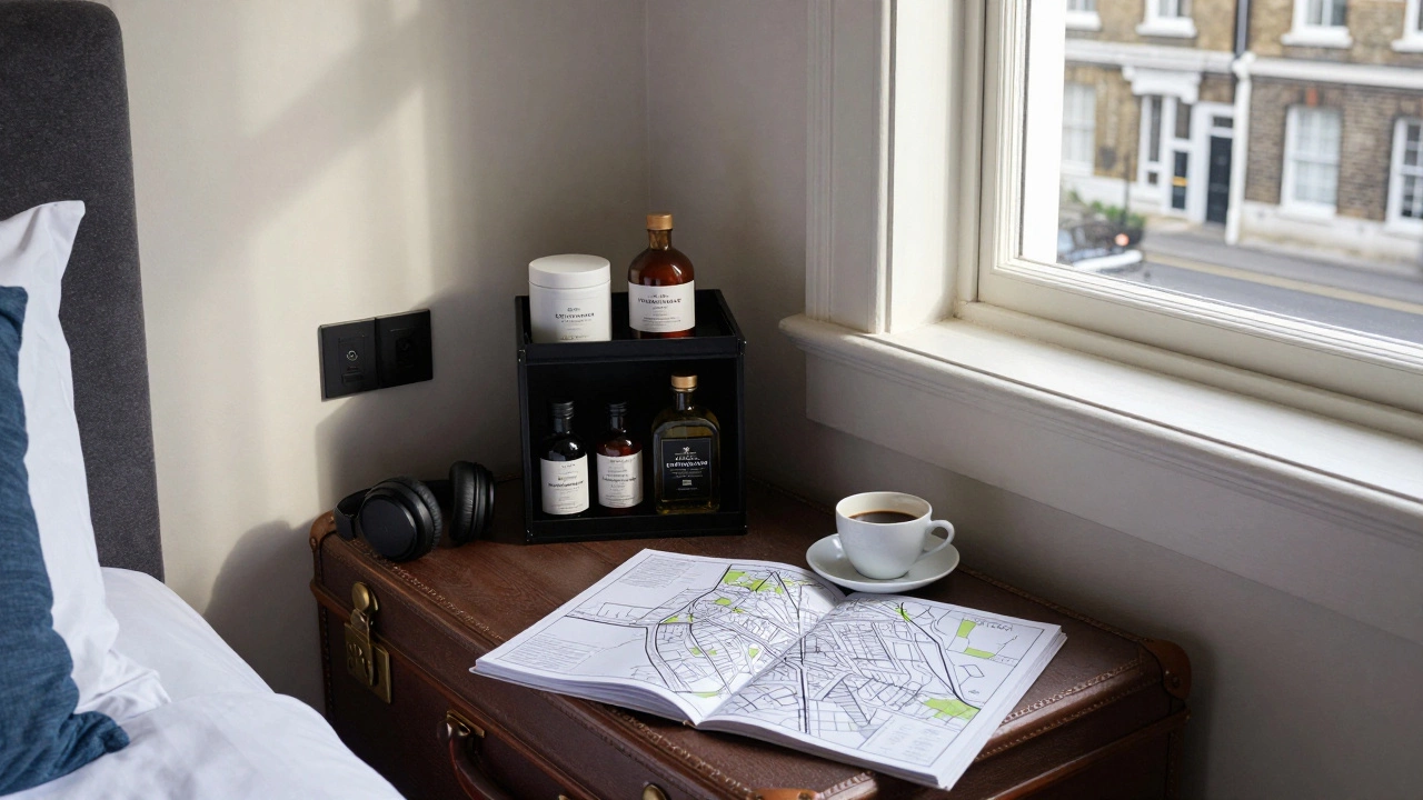 Cozy boutique hotel room with local amenities and neighborhood map