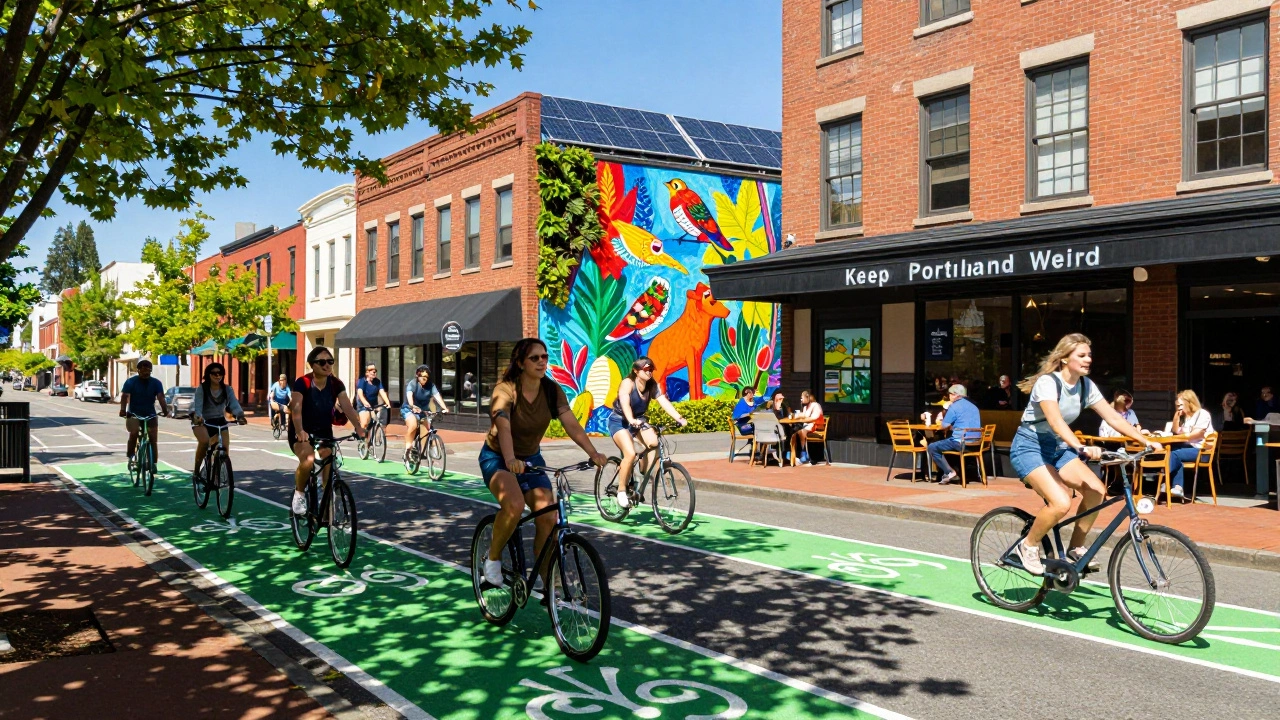 Cyclists riding through green bike lanes in sunny Portland streets