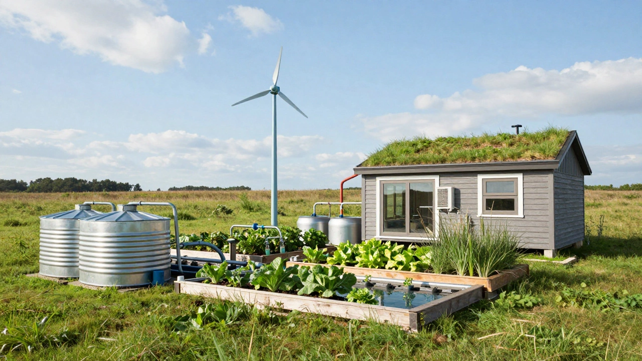 Eco-cottage with rainwater tanks, green roof, and garden showing sustainable resource management