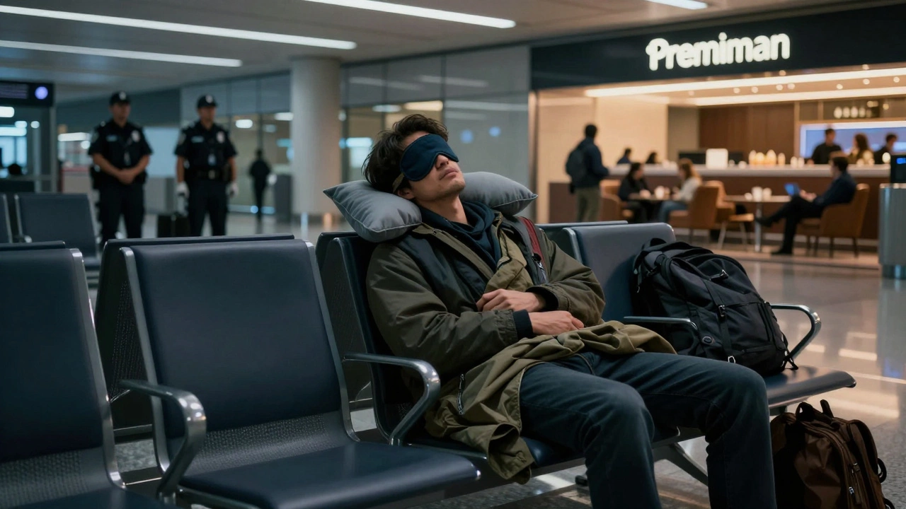 Exhausted traveler sleeping on airport chairs at night