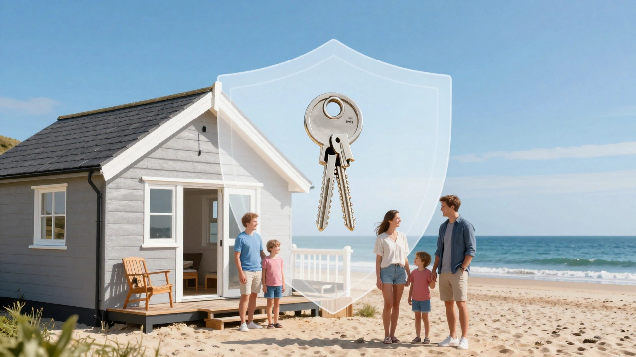 Family outside Cornish chalet with safety shield concept