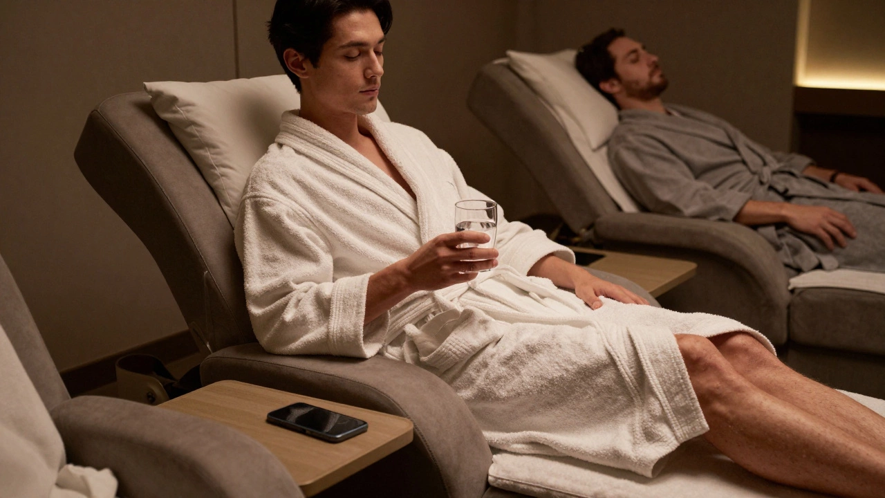 Guest relaxing in a quiet spa lounge with phone turned off