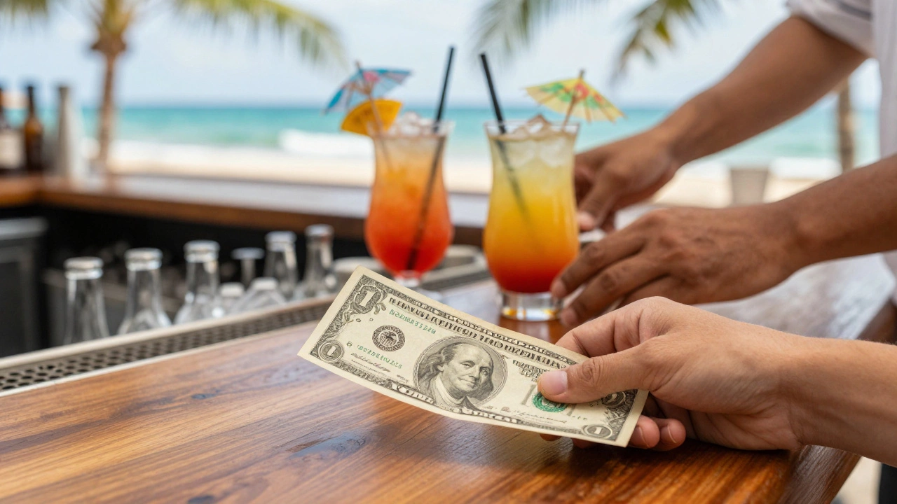 Hand leaving cash tip on bar counter next to tropical cocktail drink