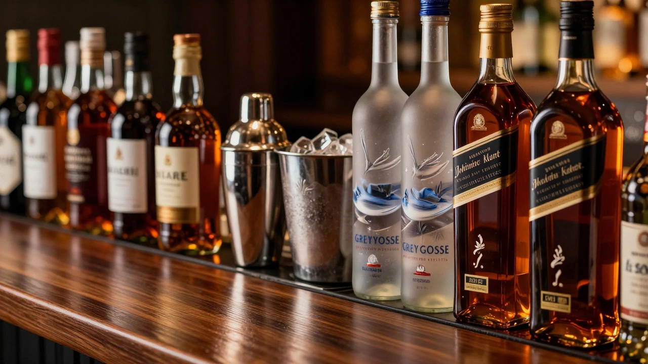 House brand vs premium liquor bottles on a luxury hotel bar counter