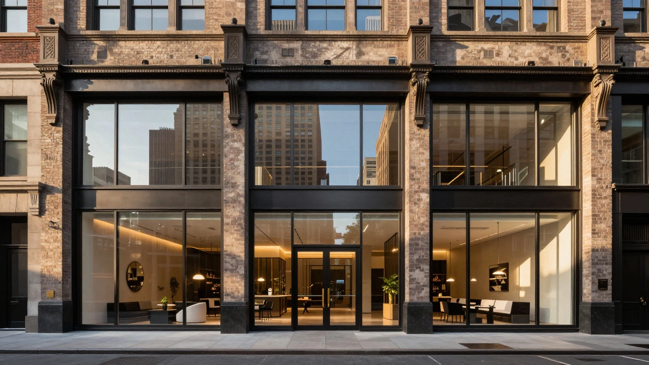 Industrial-chic exterior of a converted warehouse boutique hotel in NYC