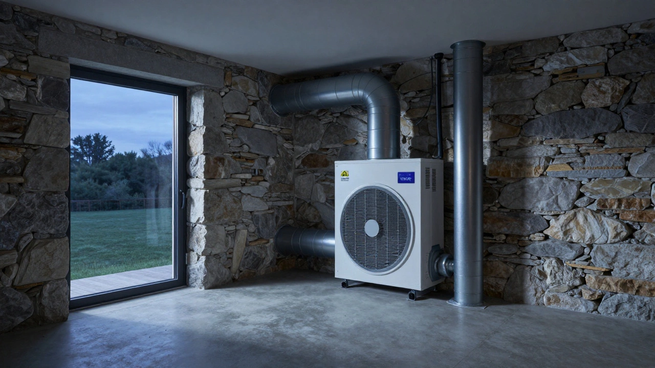 Interior of a sealed passive house showing MVHR system and cold thermal mass walls