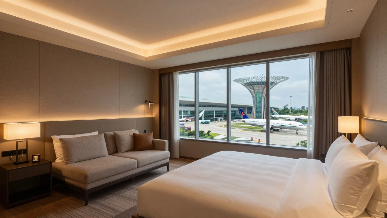 Luxury in-airport hotel room with a view of the runway