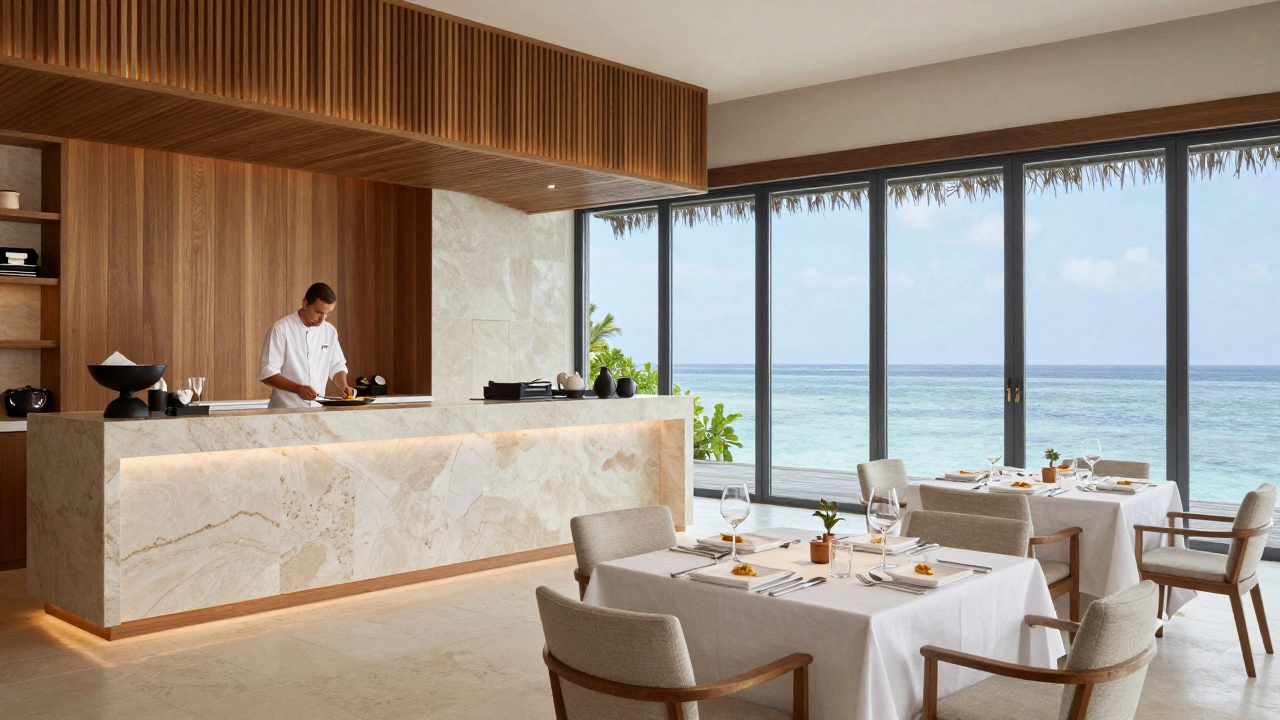 Minimalist luxury resort interior with ocean view