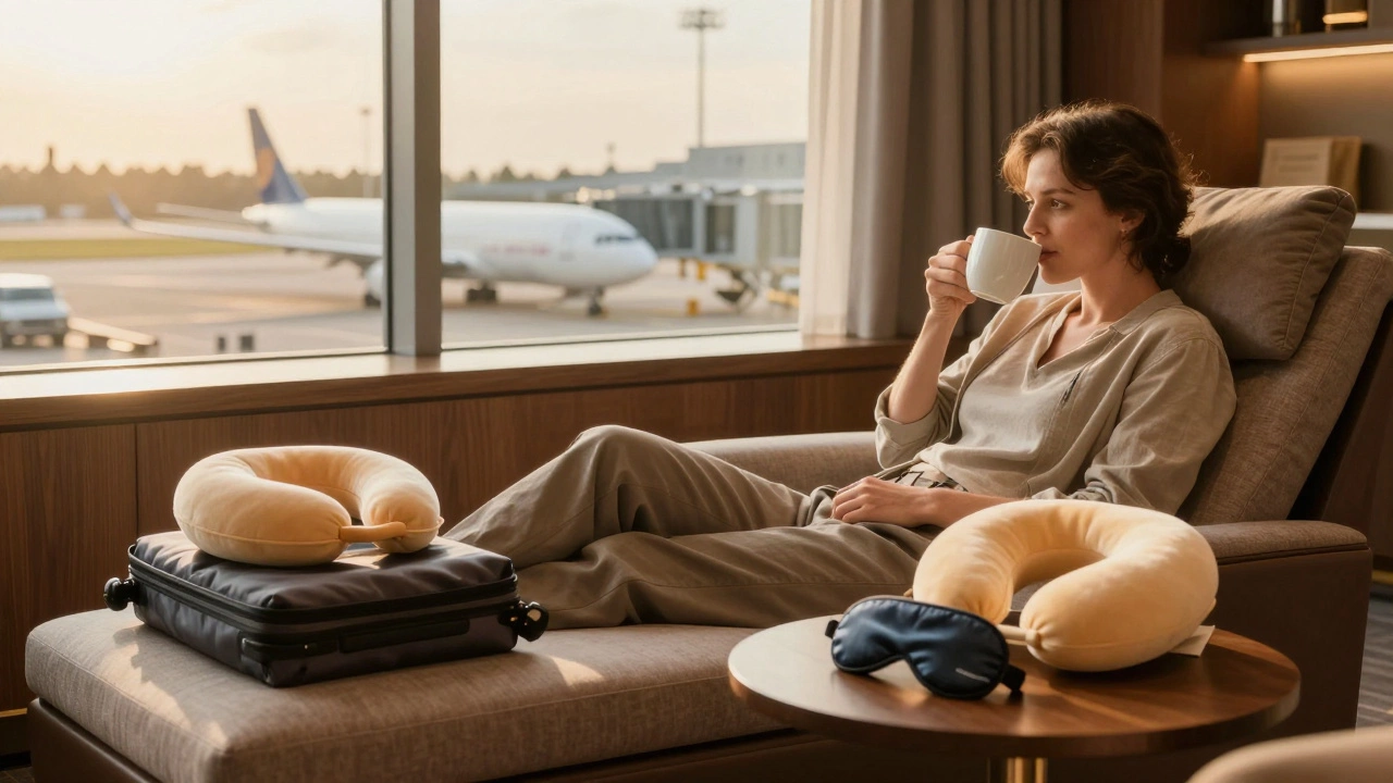 Relaxed traveler enjoying a premium airport lounge daybed