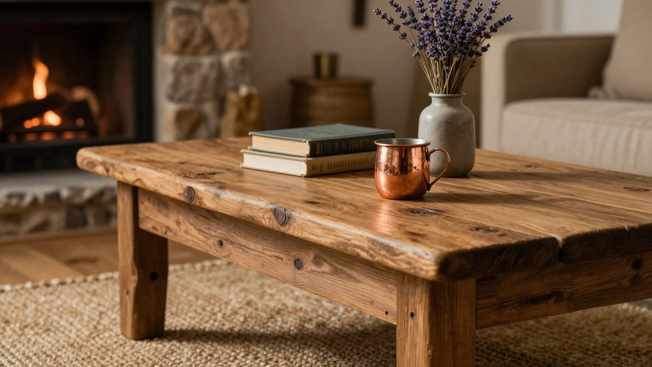 Rustic oak table with copper mug and dried flowers on a jute rug