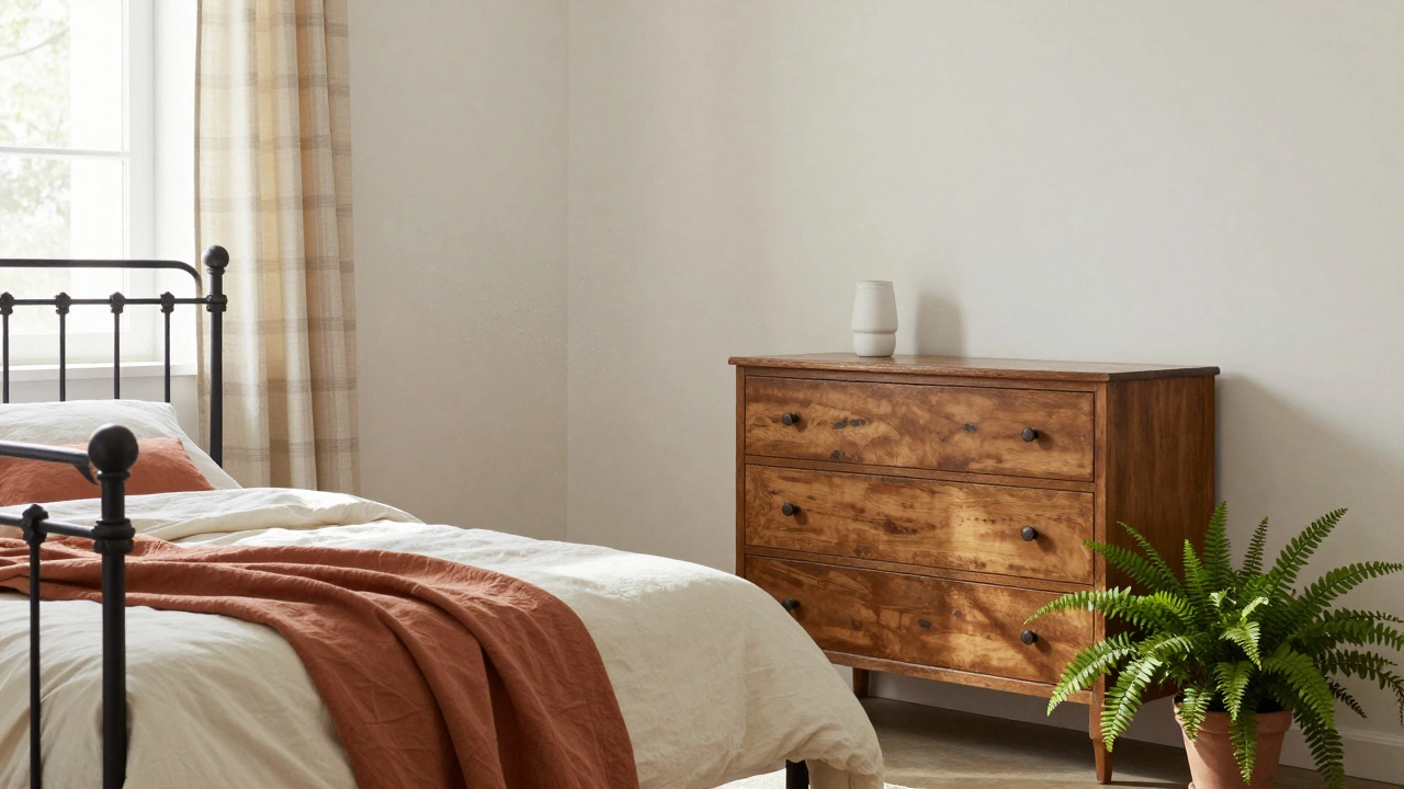 Serene bedroom with wrought-iron bed, linen bedding, and vintage dresser