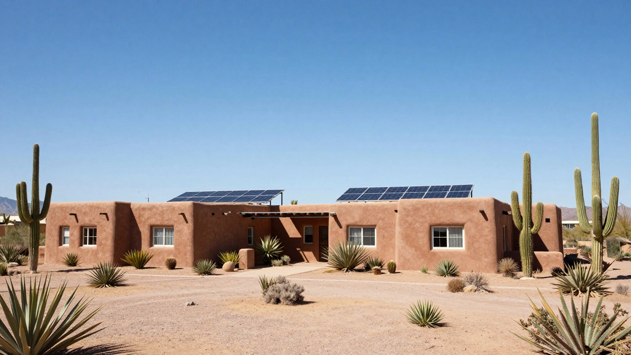 Solar-powered adobe homes with xeriscaping in Arizona desert
