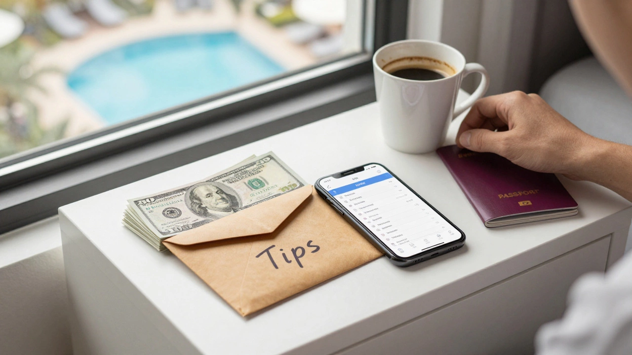 Stack of small bills and tip envelope on hotel nightstand for budgeting