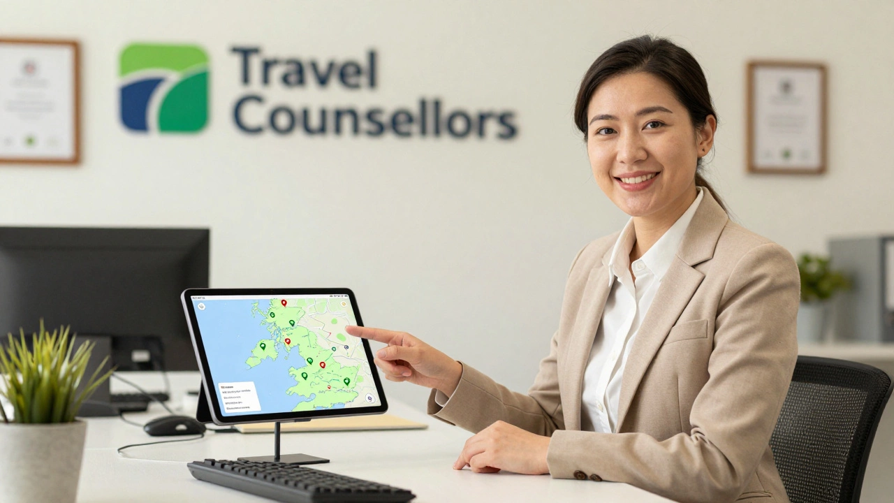 Travel agent showing UK cottage locations on tablet