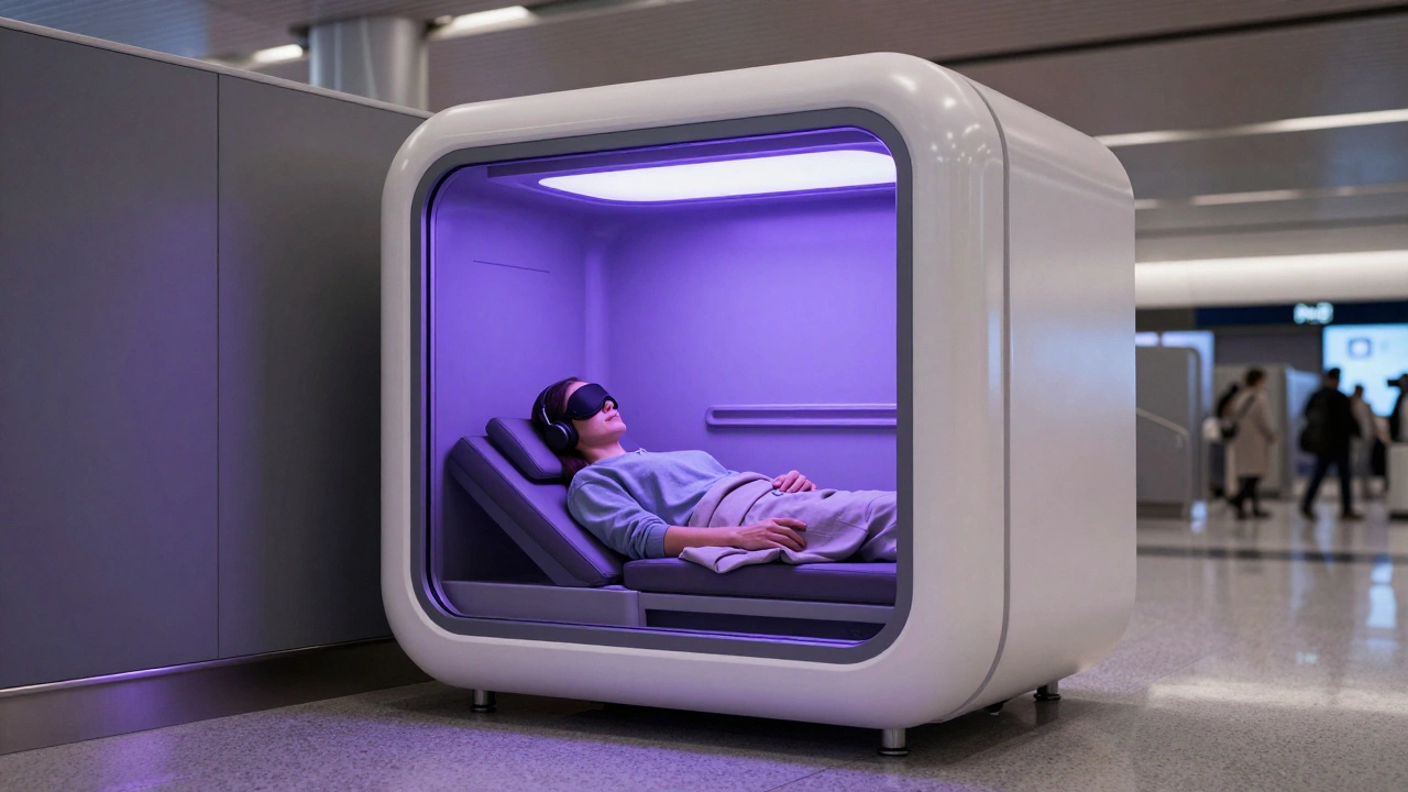 Traveler resting peacefully inside a high-tech airport sleep pod