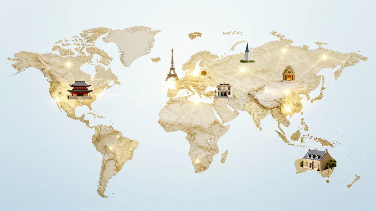 Abstract map connecting global hotels with golden light threads