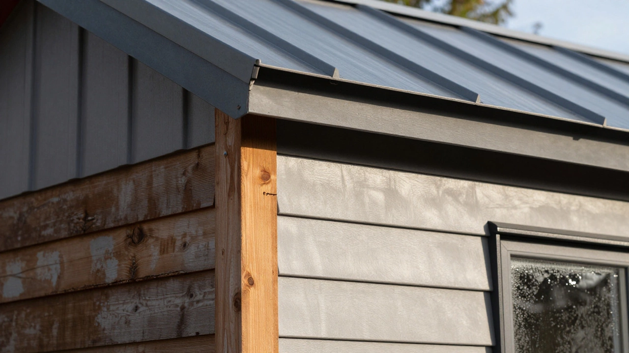 Close-up of durable fiber cement siding and metal roofing on a tiny house